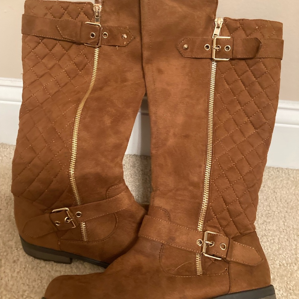 Faux suede zip up boots with gold zipper and buckle
